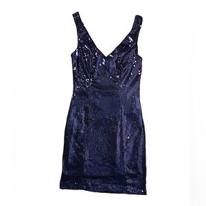 indigo sequin dress XSmall mini dark blue bodycon beads fitted dress vneck party